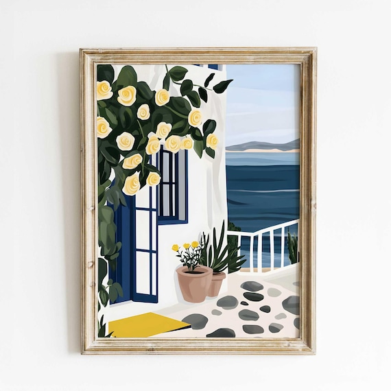 Greek Island Doorway Art Print Watercolor Coastal Wall Yellow Roses Illustration Mediterranean Home Decor Travel Fine