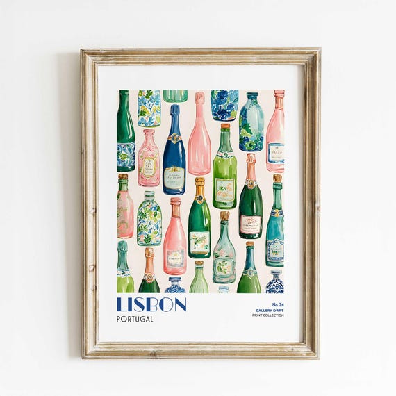 Lisbon Wall Art Colorful Bottle Poster Portuguese Kitchen Decor Print Bar Cart