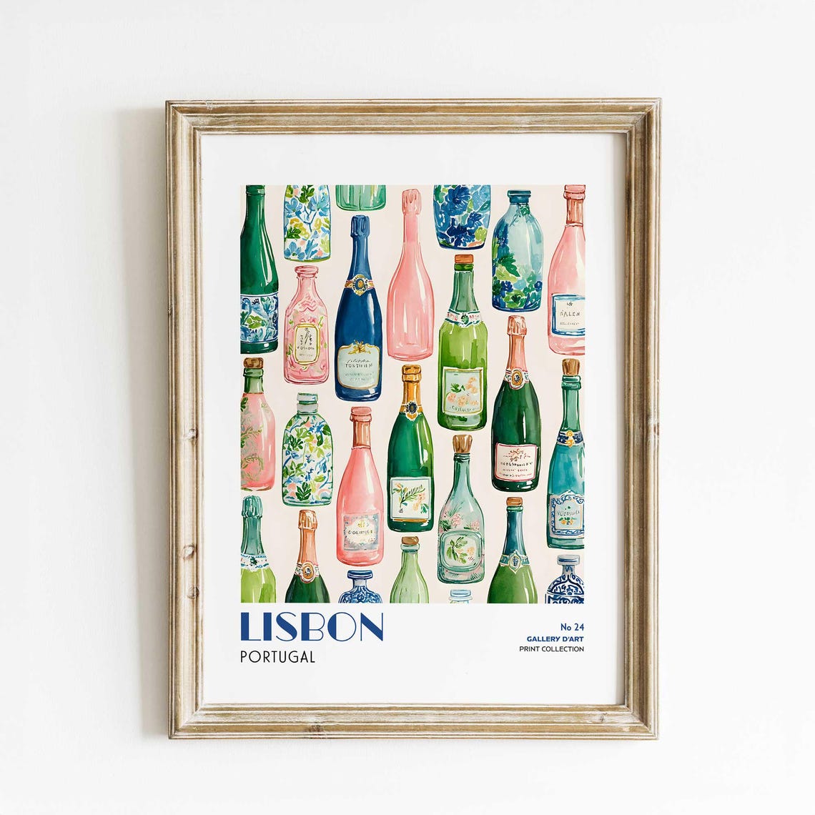 Lisbon Portugal Watercolor Wine Bottle Pattern Kitchen Poster