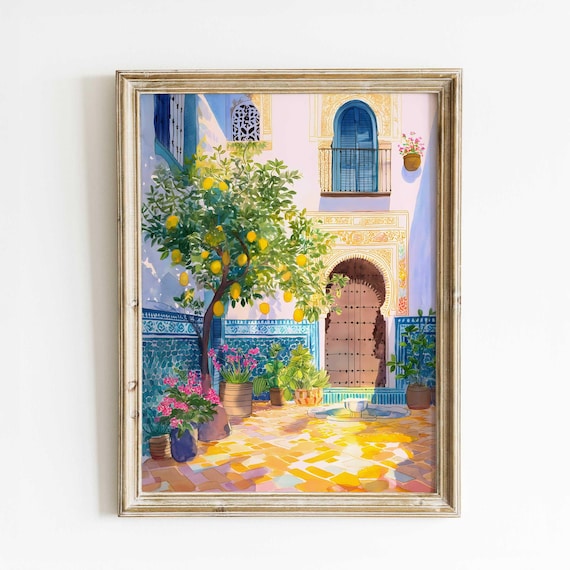 Sunlit Mediterranean Courtyard Lemon Tree Colorful Patio Poster