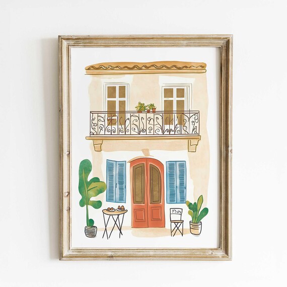 Mediterranean Facade Orange Door Blue Shutters Watercolor Wall Art