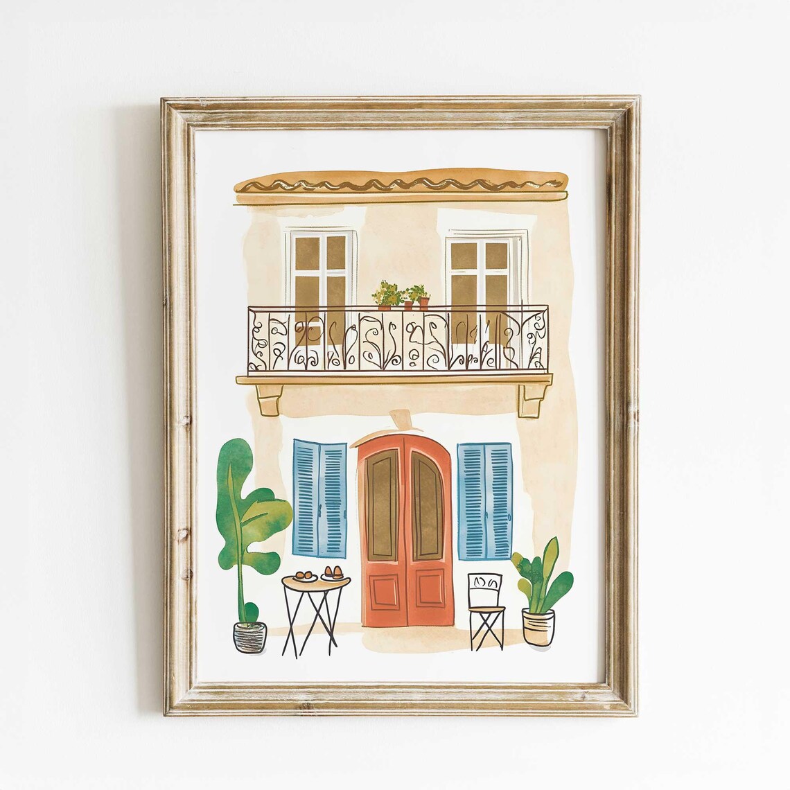 Mediterranean Facade Orange Door Blue Shutters Watercolor Wall Art