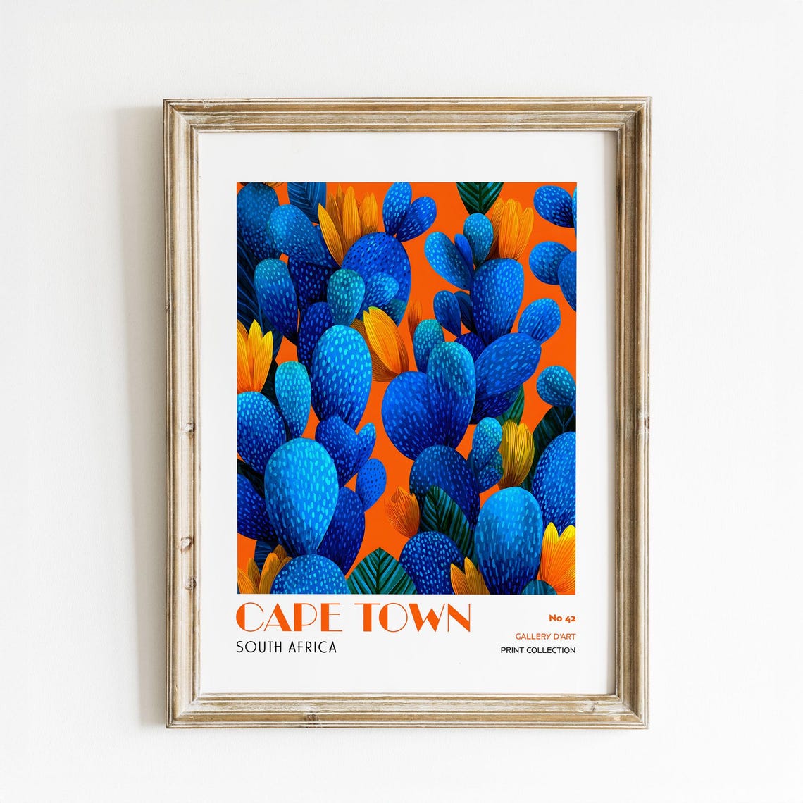 Cape Town South Africa Blue Cactus on Orange Botanical Poster