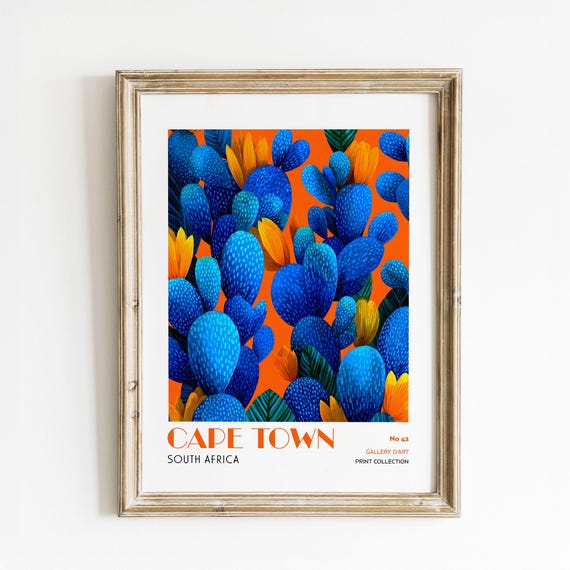 Cape Town South Africa Art Print Vibrant Blue Cactus Wall Tropical Botanical Poster
