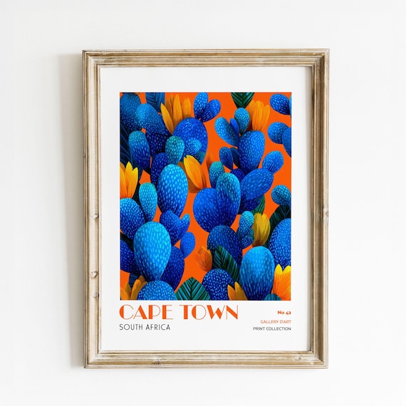 Cape Town South Africa Blue Cactus on Orange Botanical Poster