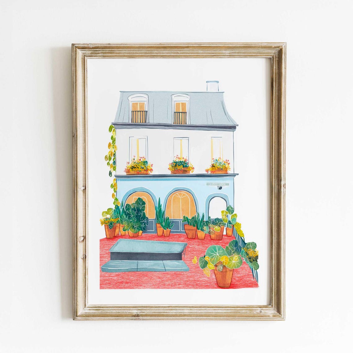 Parisian Building Watercolor Print with a Blue Door and Red Courtyard