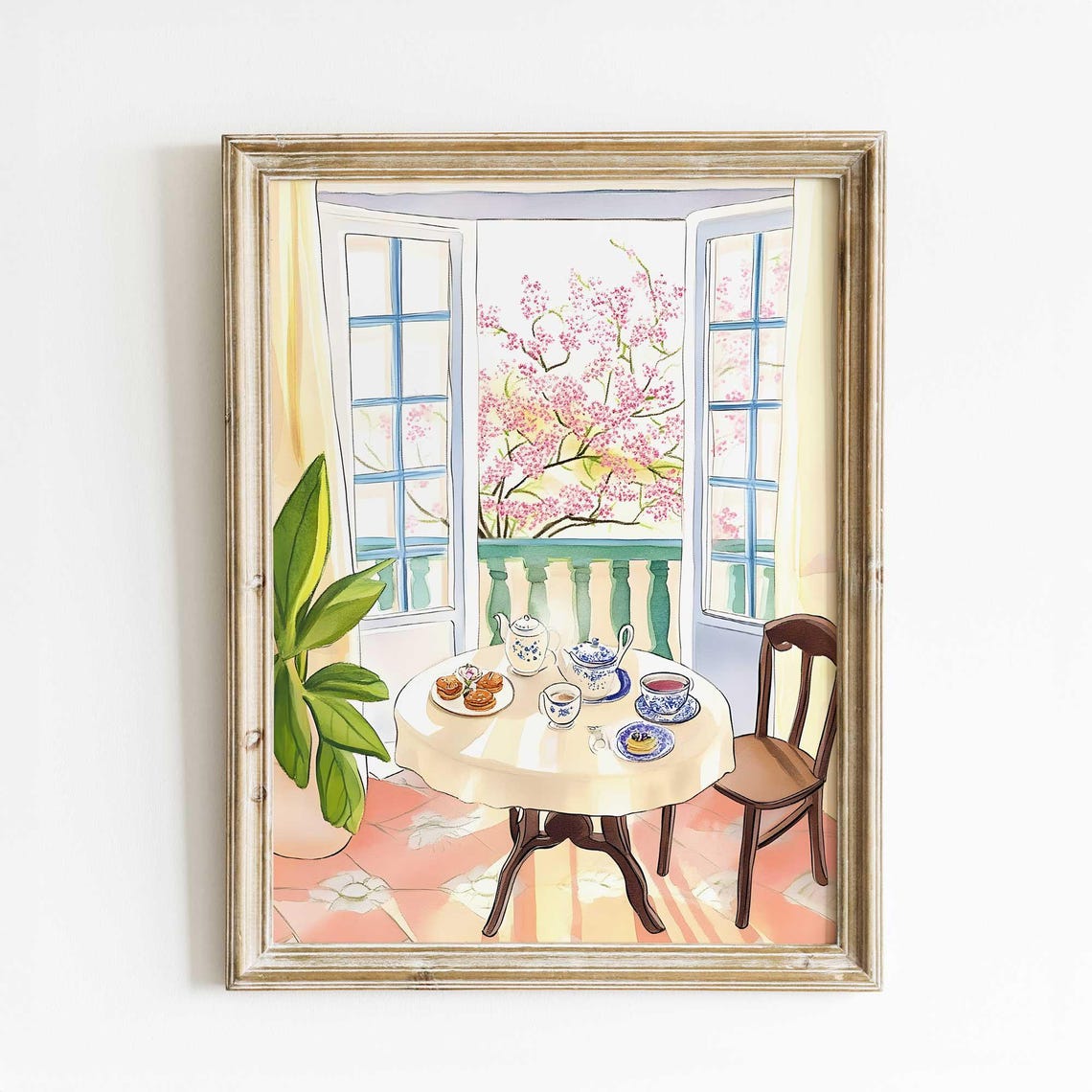 Cherry Blossom Tea Time French Balcony Spring Watercolor Art Print