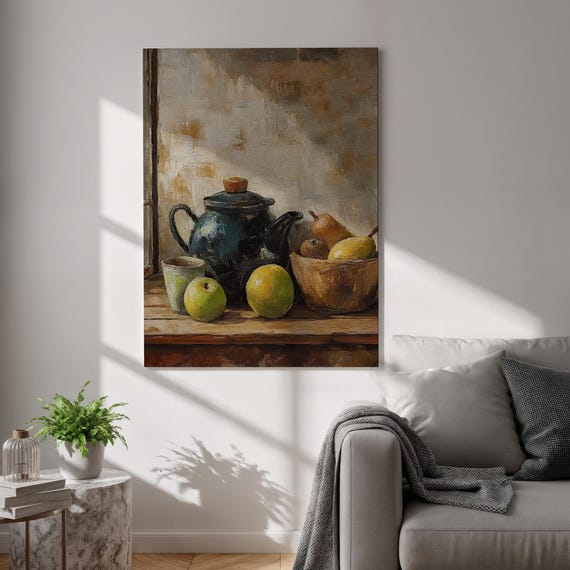 Rustic Still Life Canvas Print Vintage Kitchen Wall Art Fruit Teapot Oil Painting Farmhouse Style Framed For Dining Room Decor