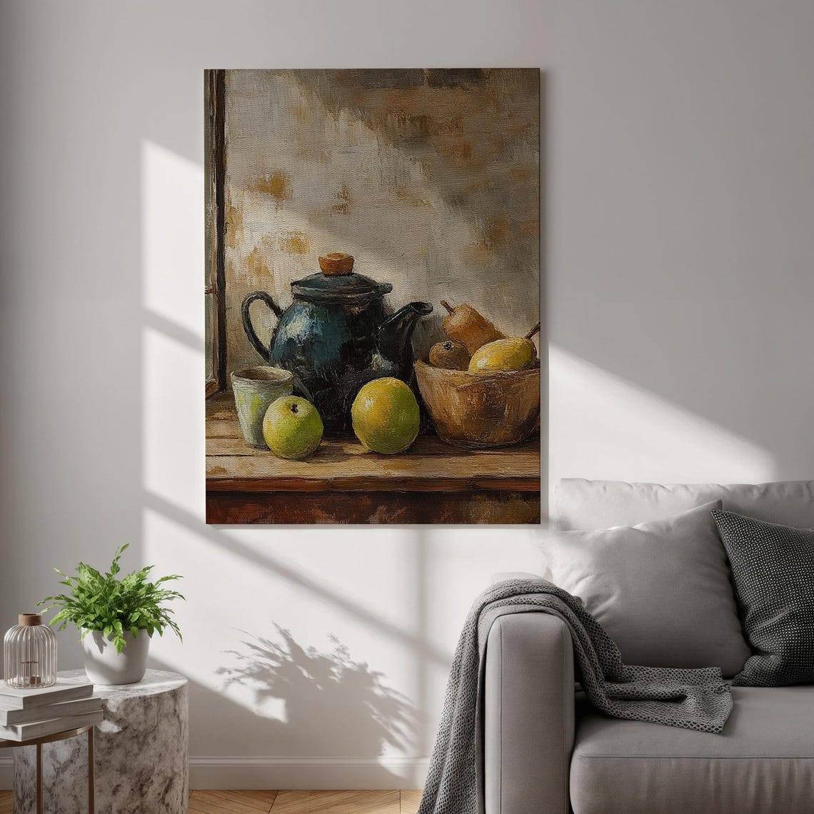 Rustic Still Life Teapot Fruit Bowl Kitchen Oil Painting Poster