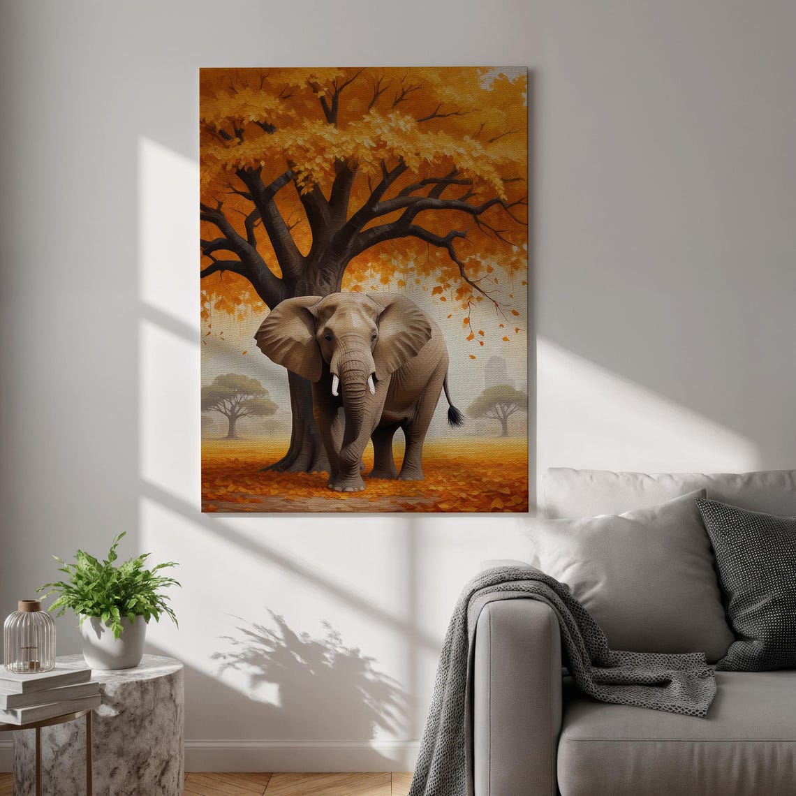 Elephant Under Golden Autumn Tree Fallen Leaves Safari Poster