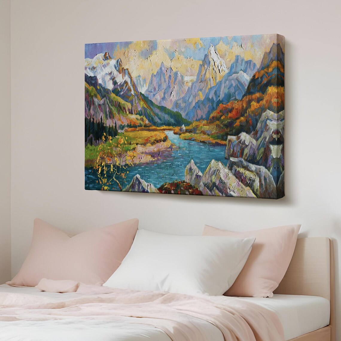 Snowy Alpine Peaks Valley River Oil Painting Mountain Nature Poster