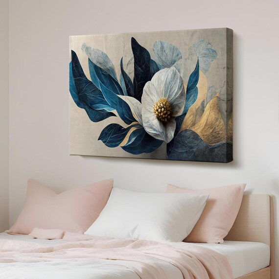 White Flower With Navy And Gold Leaves Modern Botanical Wall Poster