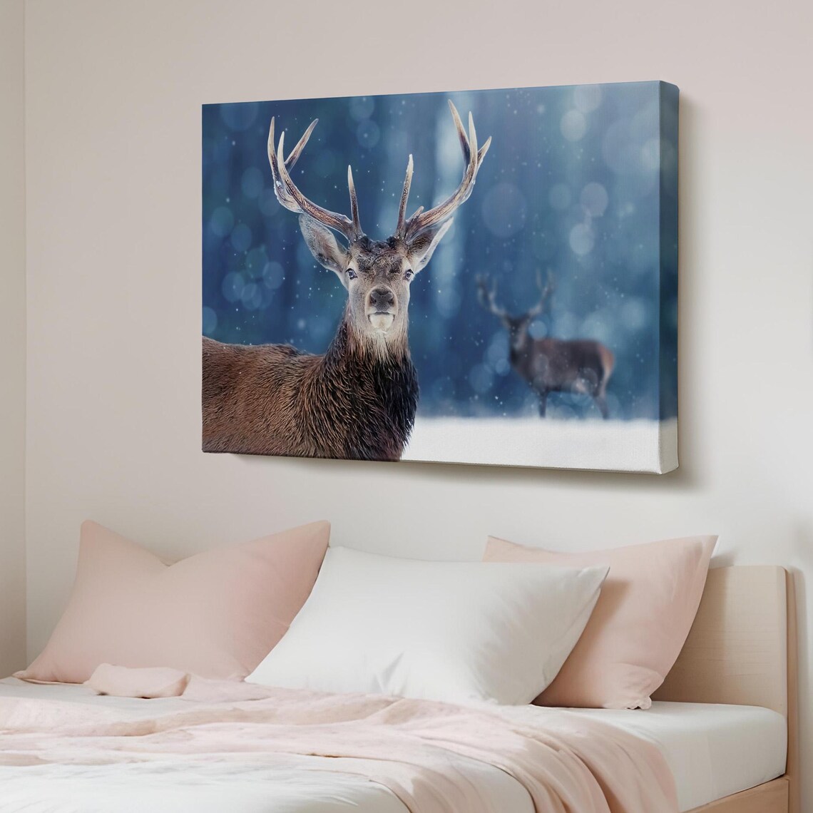 Stag With Antlers In Snow Winter Canvas Wildlife Photo Art Poster