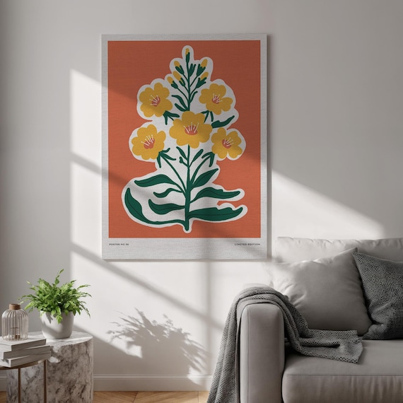 Bold Yellow Flowers Terracotta Background Retro Botanical Art Poster