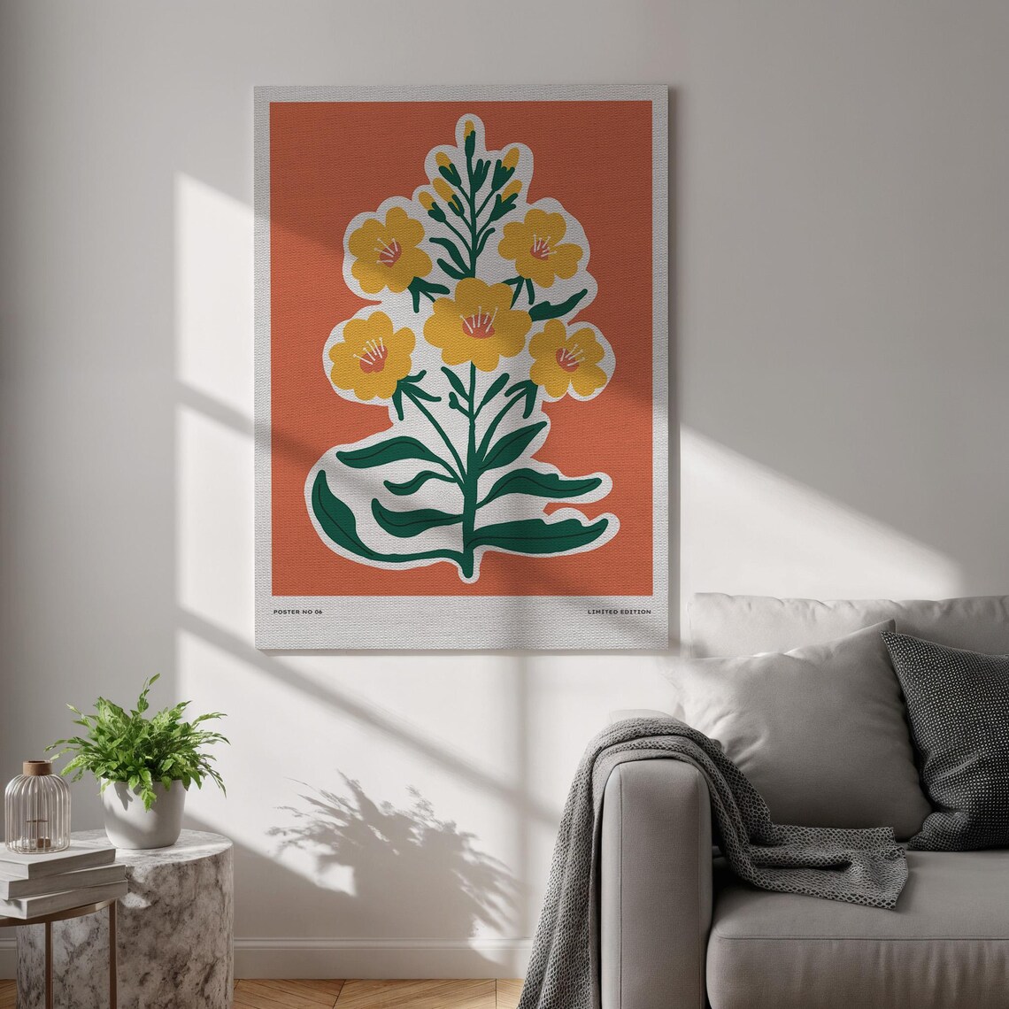 Bold Yellow Flowers Terracotta Background Retro Botanical Art Poster