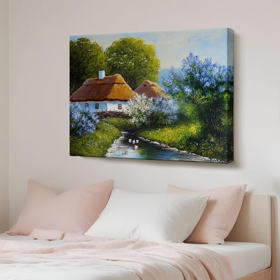 Cottage By The River Oil Painting Style Decorative Canvas Wall Art Nature Decor Print Landscape Table