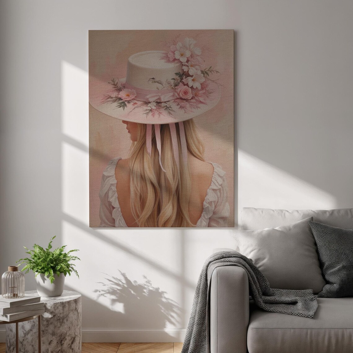 Romantic Blush Floral Hat Blonde Woman Beauty Portrait Canvas Poster