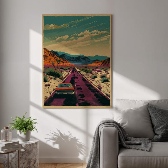 Retro Desert Canvas Print Pop Art Road Trip Wall Vibrant Car Landscape Poster Framed Modern Decor For Living Room And Creative Spaces