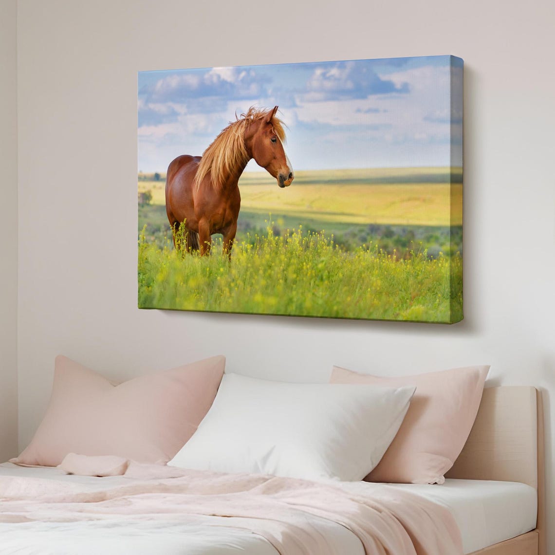 Chestnut Horse Standing in Sunny Wildflower Meadow Golden Wall Art