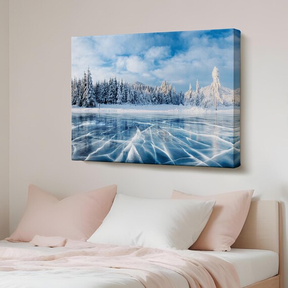 Serene Frozen Lake Cracked Ice Snowy Pine Winter Landscape Poster