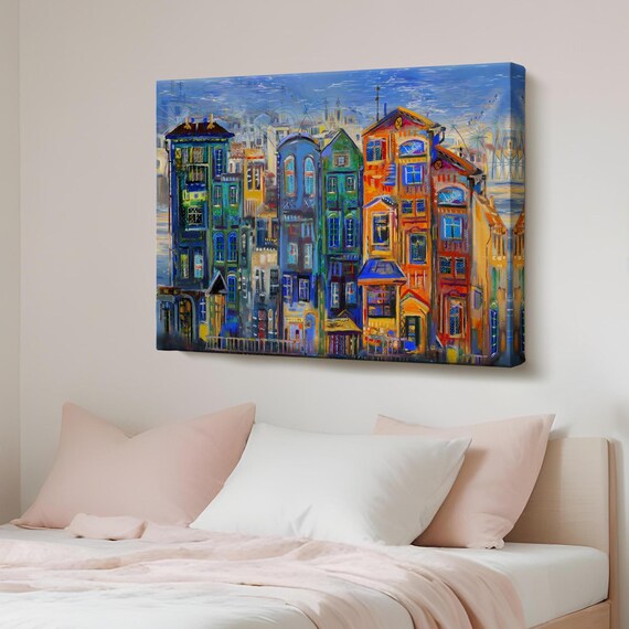 Colorful Amsterdam Canal Houses Row Oil Painting Style Wall Art