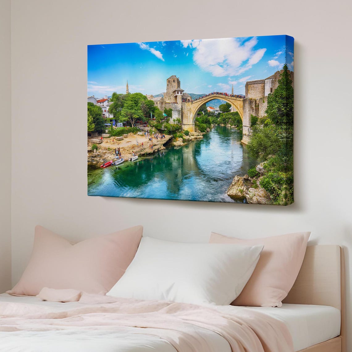 Mostar Old Bridge Bosnia Emerald River Summer Travel Canvas Poster