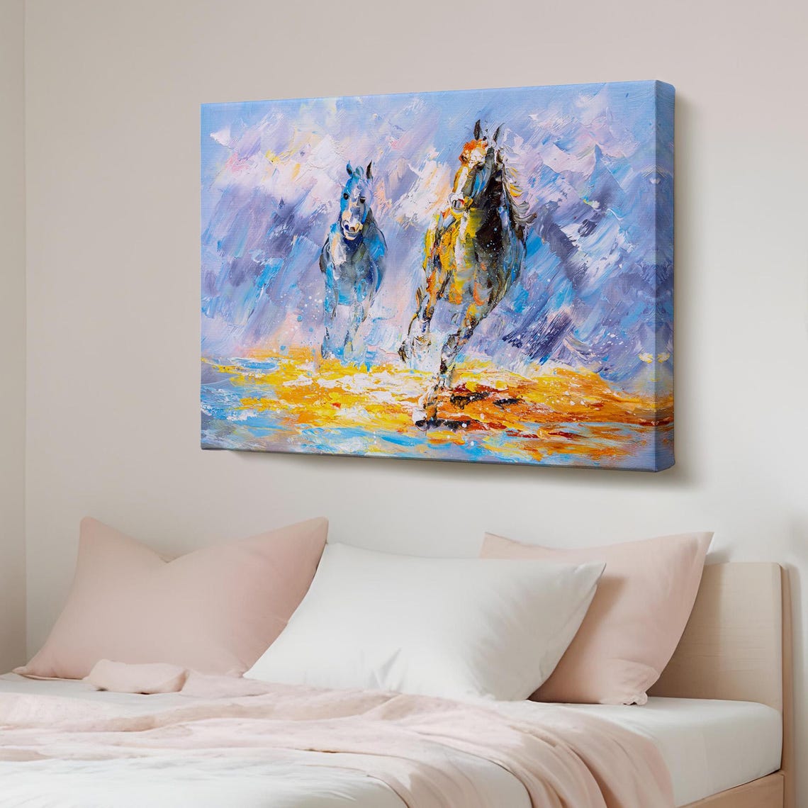 Two Running Horses Impressionist Blue Gold Oil Painting Style Poster
