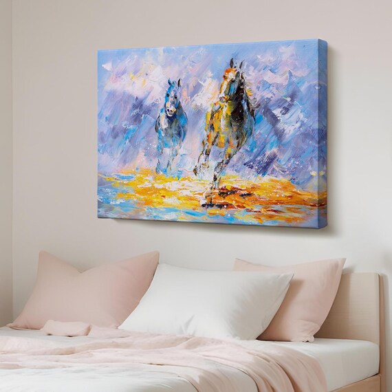 Two Running Horses Impressionist Blue Gold Oil Painting Style Poster