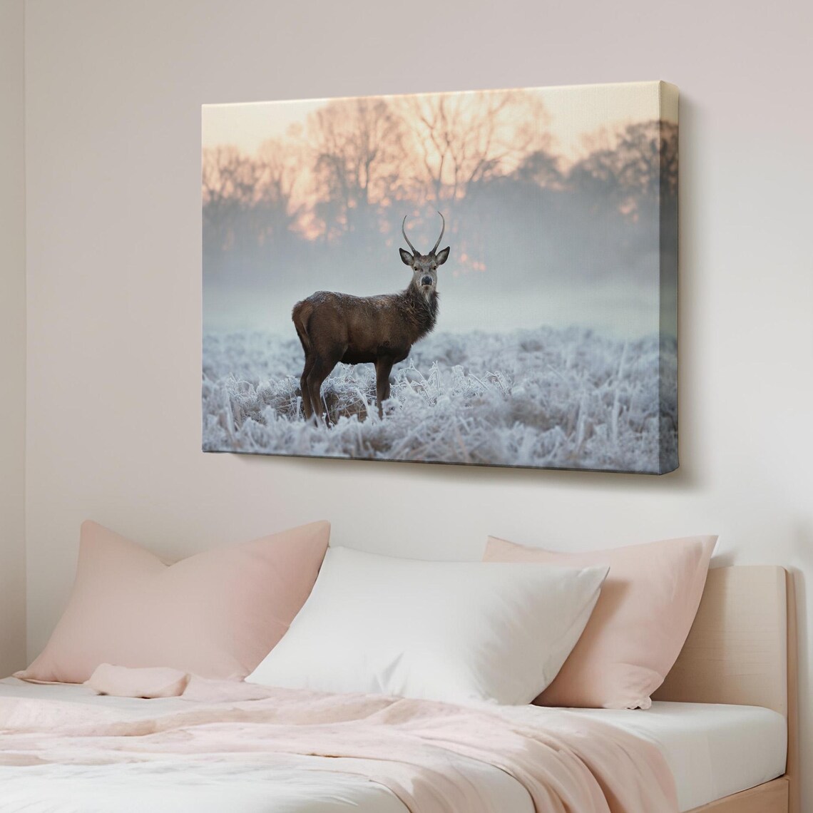 Deer Stag In Frosty Winter Field Misty Sunrise Canvas Photo Poster