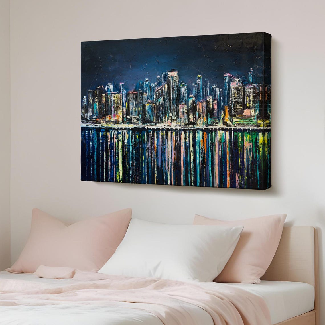 Abstract Night City Skyline With Lights On Water Modern Poster
