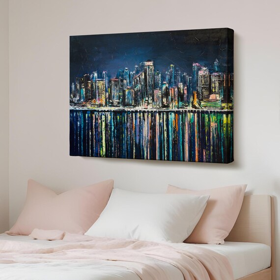 Abstract Night City Skyline With Lights On Water Modern Poster