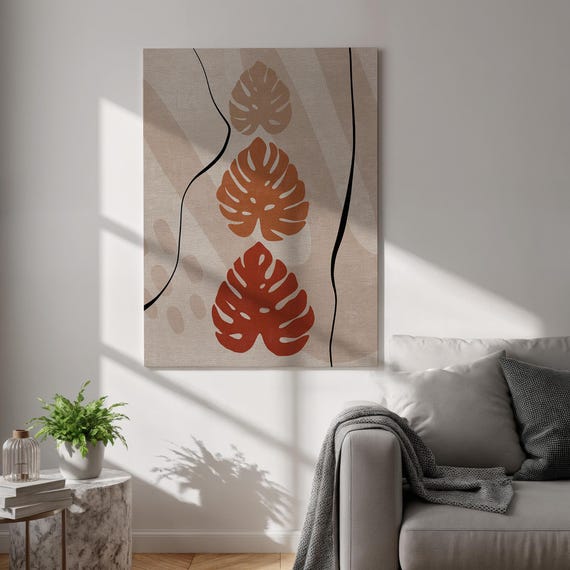 Terracotta Monstera Leaf Wall Art Boho Tropical Botanical Print Earthy Minimalist Canvas Modern Plant Decor For Natural Inspired Homes