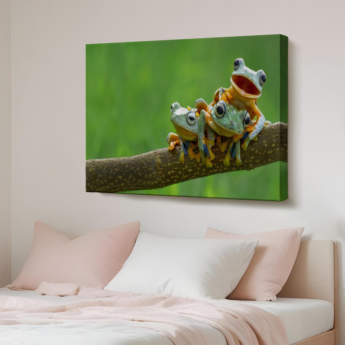 Three Adorable Tree Frogs Crowded Together on a Branch Photo Poster