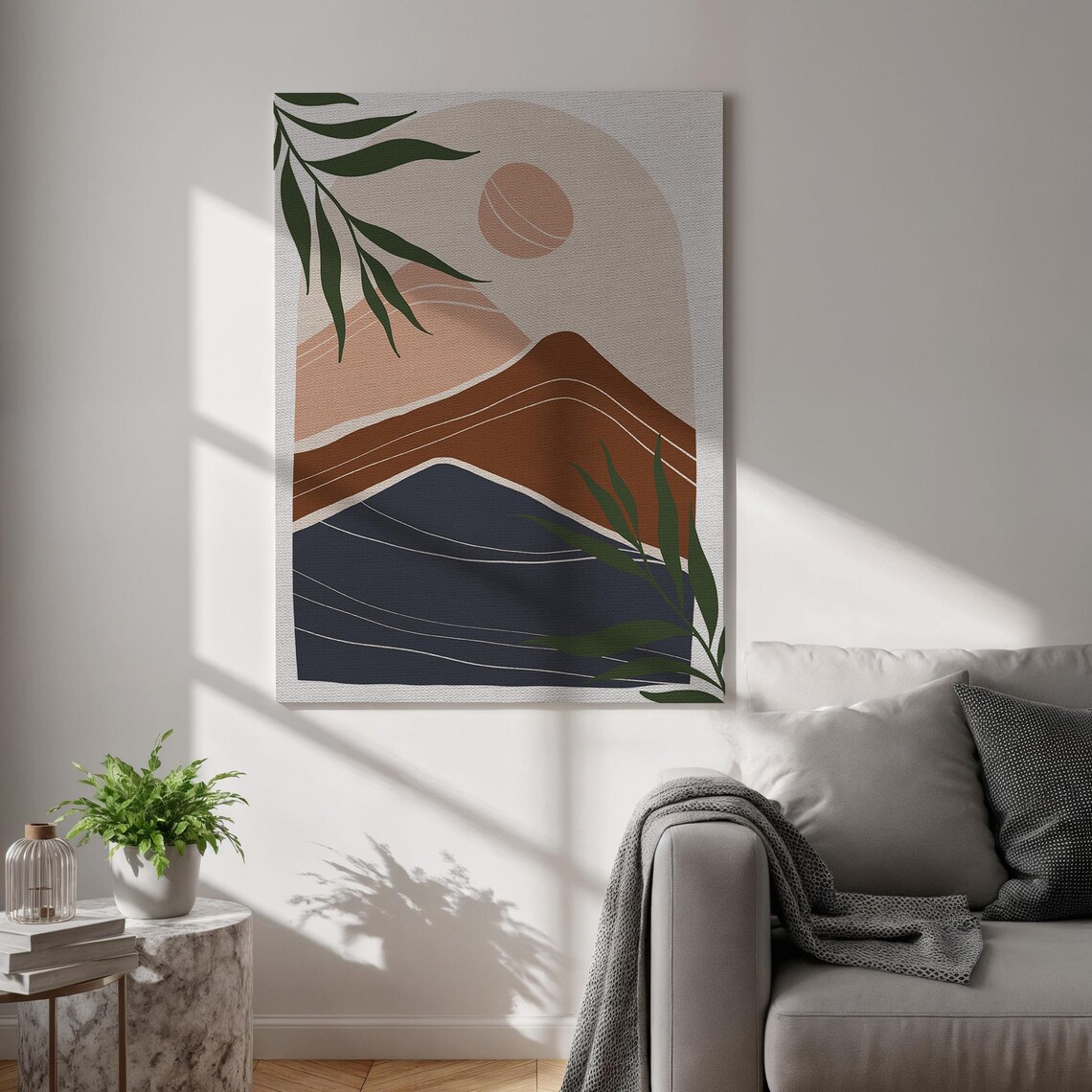 Boho Abstract Desert Mountains Sun Palm Leaves Warm Earthy Decor Poster