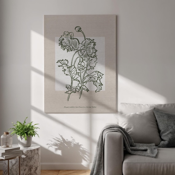 Botanical Canvas Wall Art Vintage Flower Market Print Green Line Floral Poster Framed Minimalist Decor For Entryway Office Or Studio