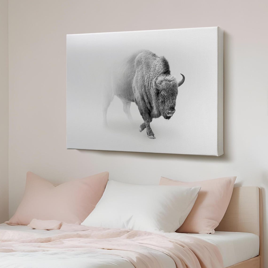 Bison Emerging From Fog Black And White Wildlife Photography Art Print