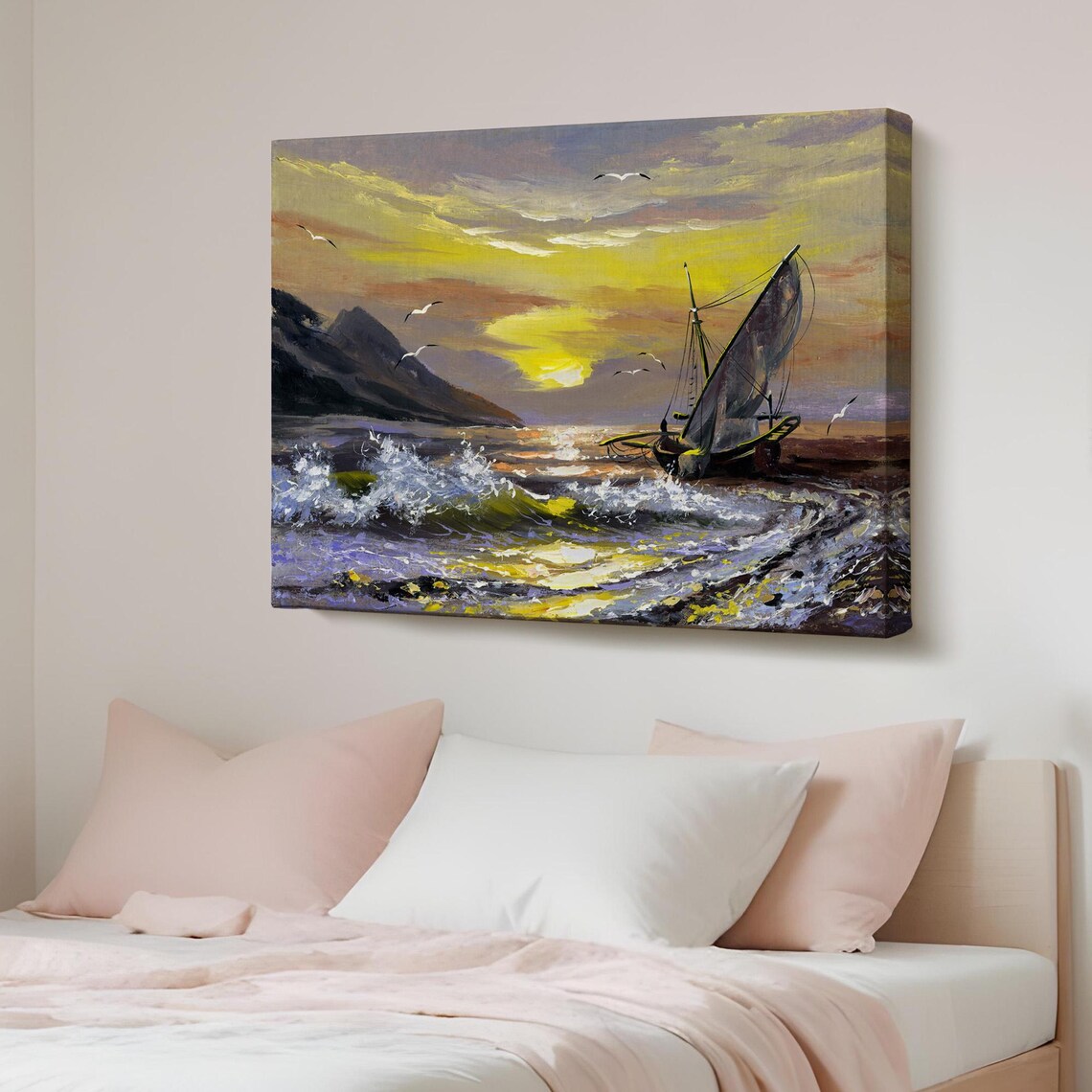 Sailboat On Beach At Sunset Crashing Waves Seagulls Dramatic Seascape Poster