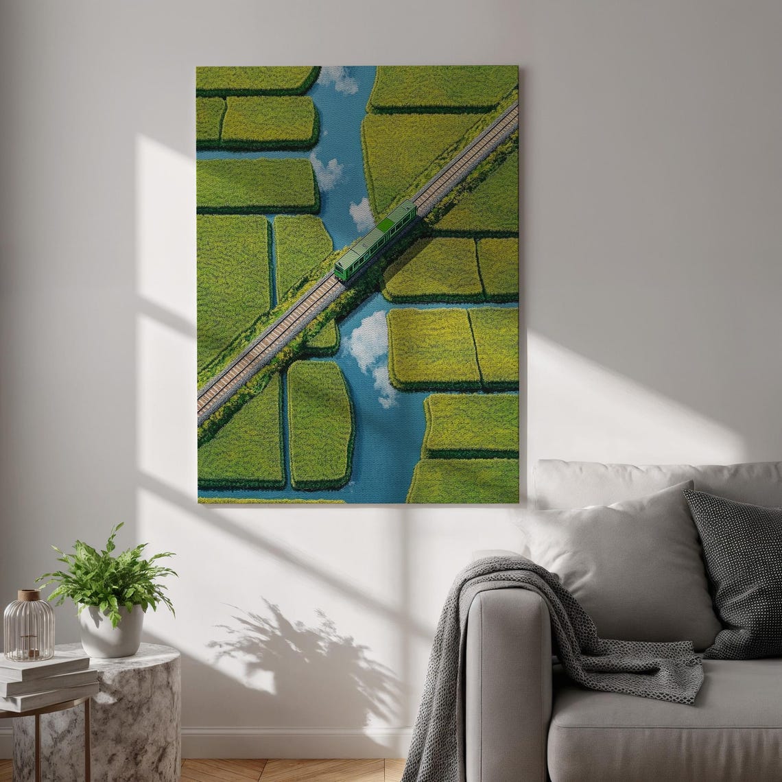 Aerial Train Crossing Green Rice Fields River Water View Poster