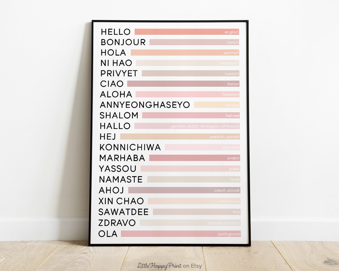Hello In 20 Languages Blush Pink Bar Chart Minimalist Wall Art