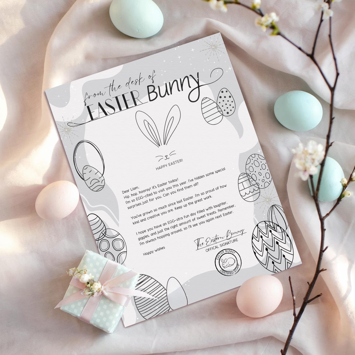 Easter Bunny Letter Black White Line Art Eggs Magic Printable Print