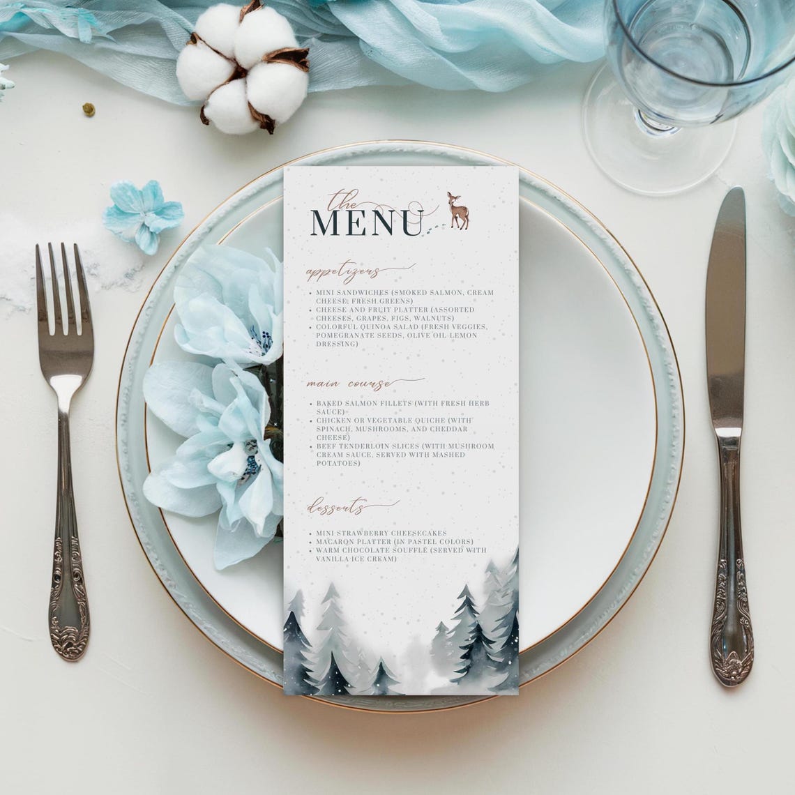 Elegant Winter Baby Shower Menu Card Deer Pine Template Print