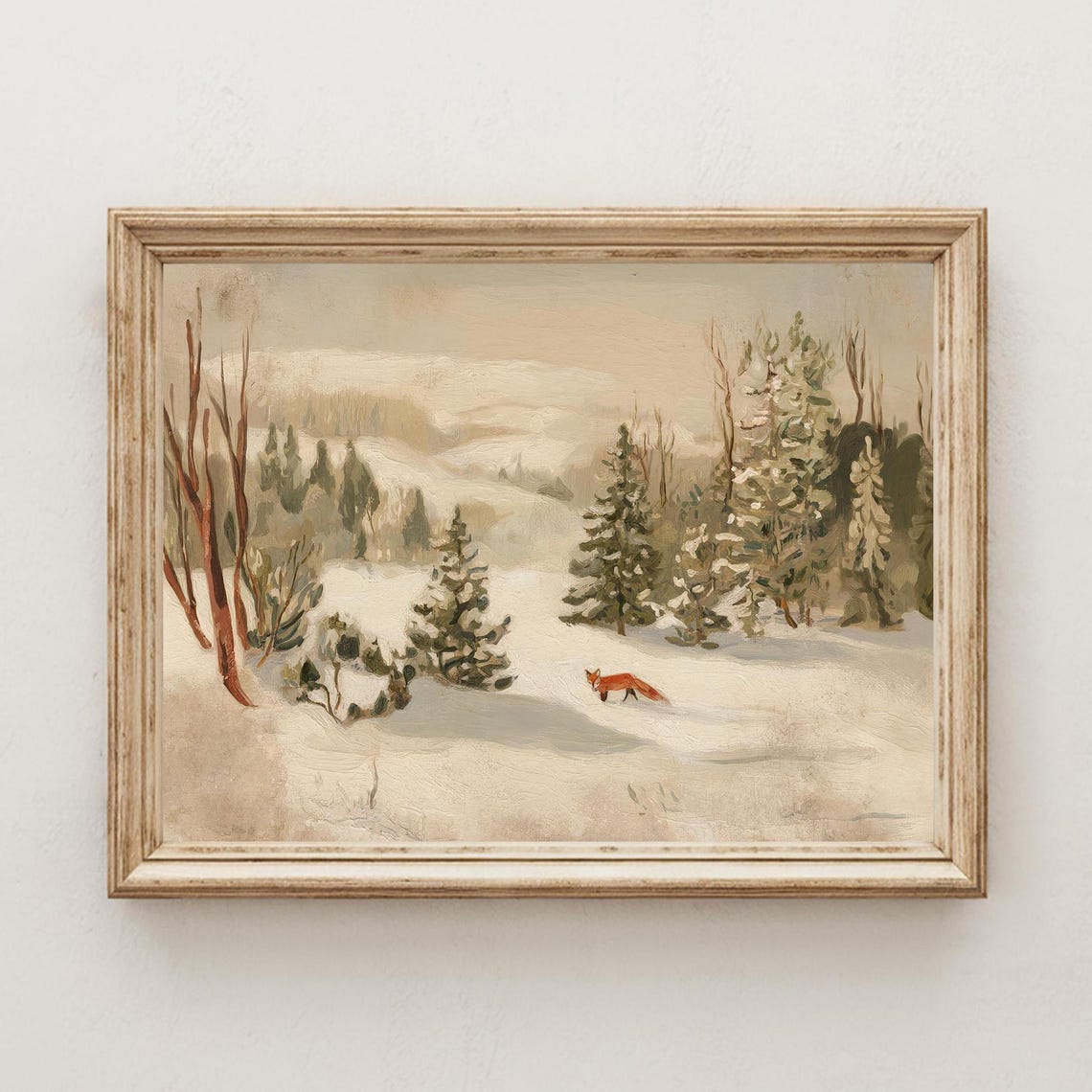 Red Fox Walking Through Snowy Winter Forest Vintage Painting Poster