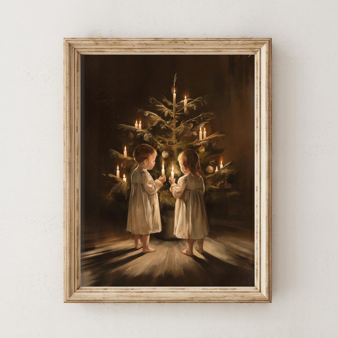 Vintage Children Holding Candles Before Dark Christmas Tree Poster - Image 4