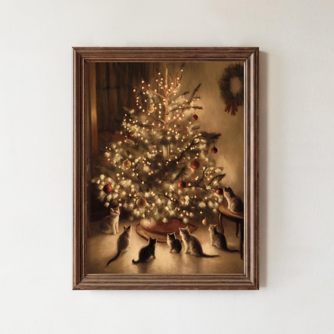 Six Cozy Cats Gathered Around Lit Christmas Tree Vintage Poster