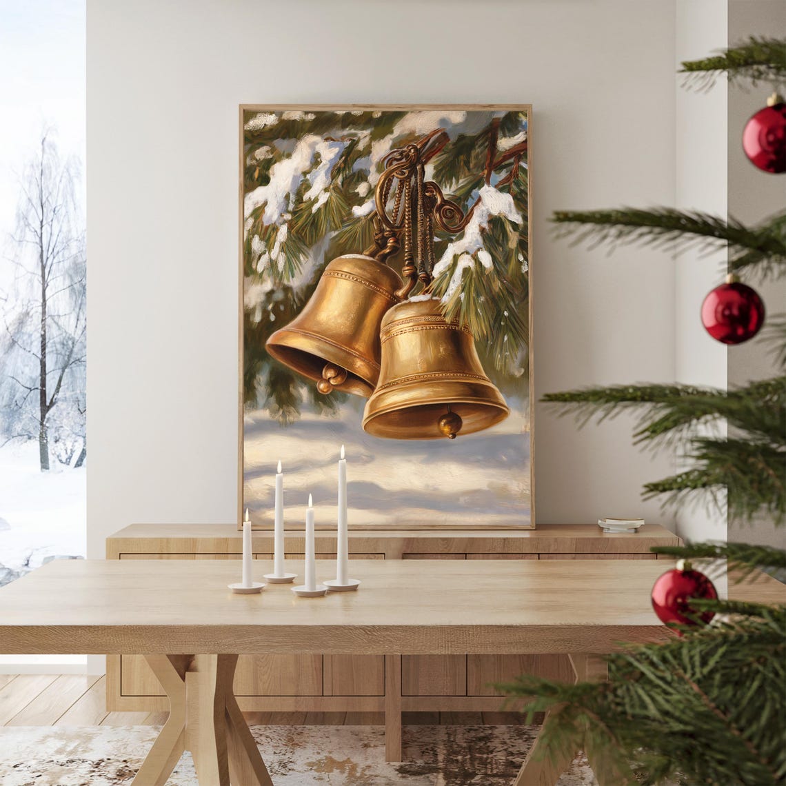 Vintage Brass Sleigh Bells Snowy Pine Branch Painting Poster - Image 3