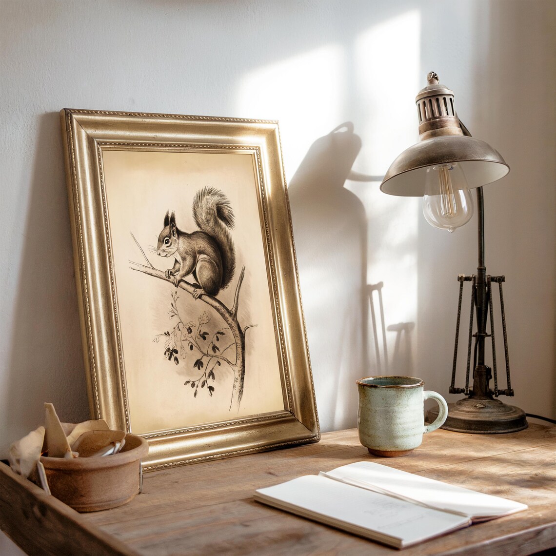 Vintage Squirrel Branch Sepia Sketch Antique Wildlife Acorn Art Poster - Image 4