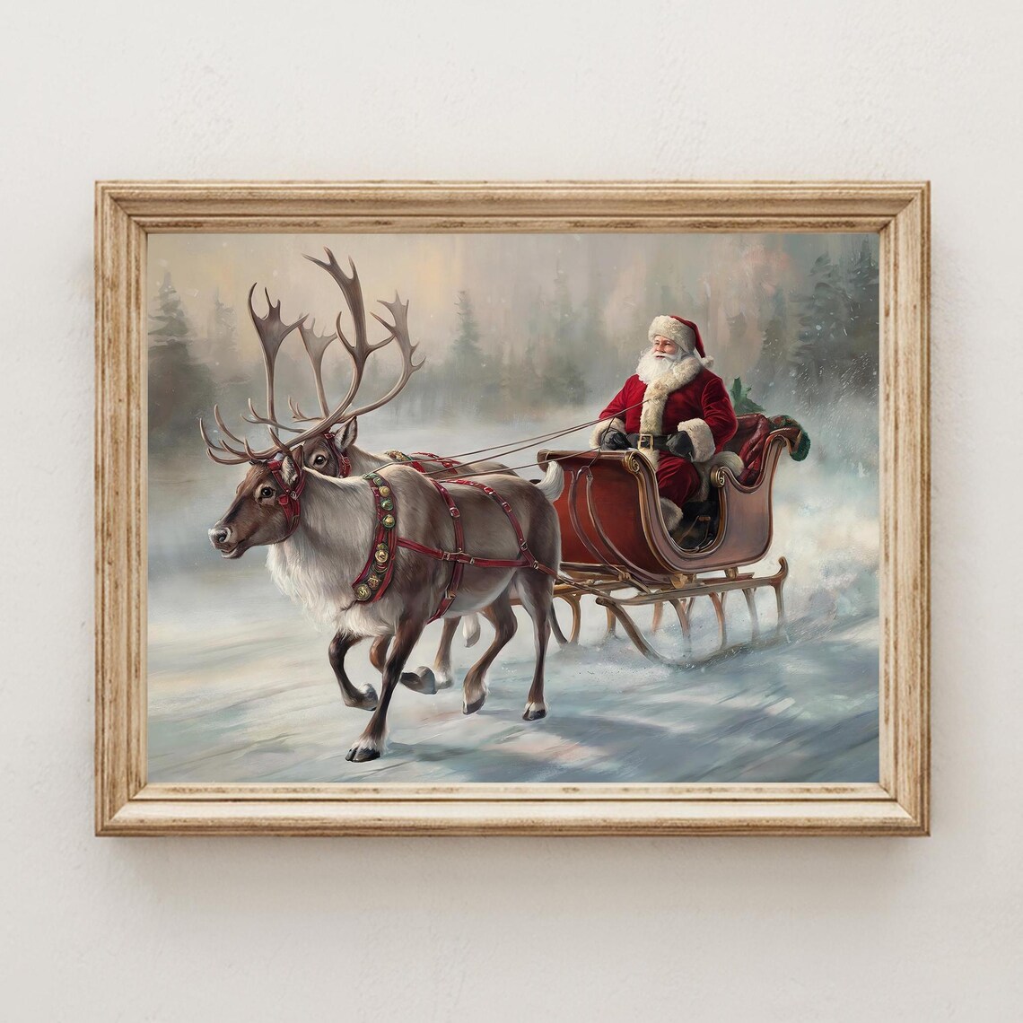 Vintage Santa Claus Sleigh Reindeer Snowy Night Painting Poster - Image 4