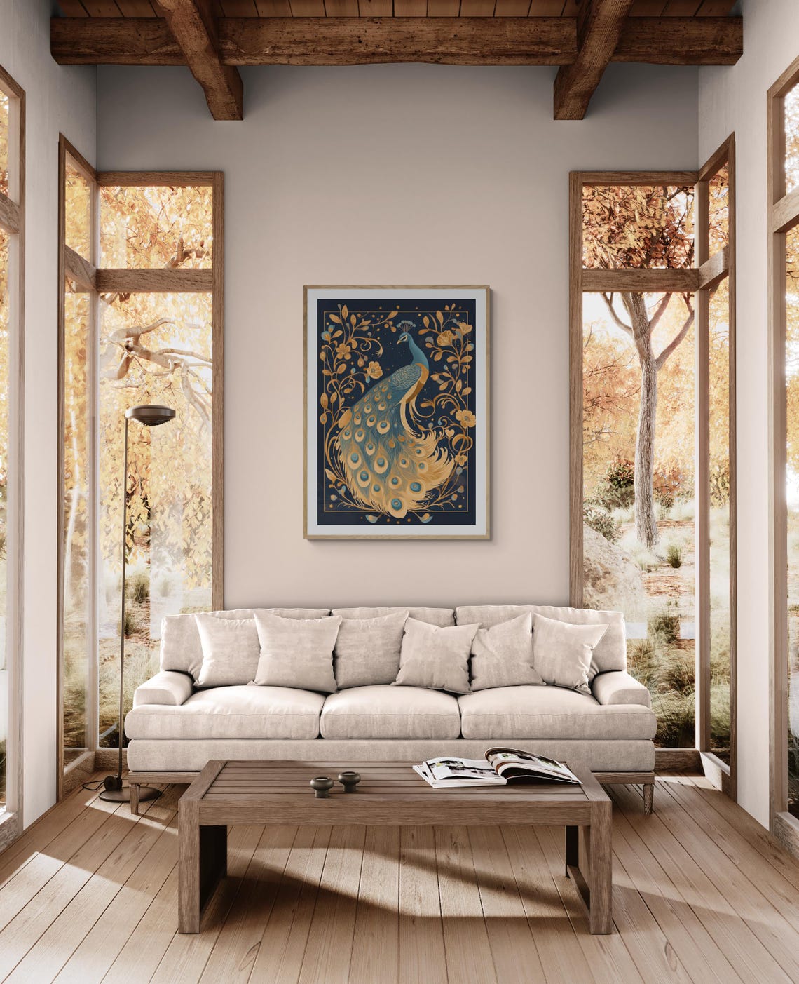 Art Nouveau Peacock Gold Navy Plumage Ornate Floral Dark Wall Art - Image 3