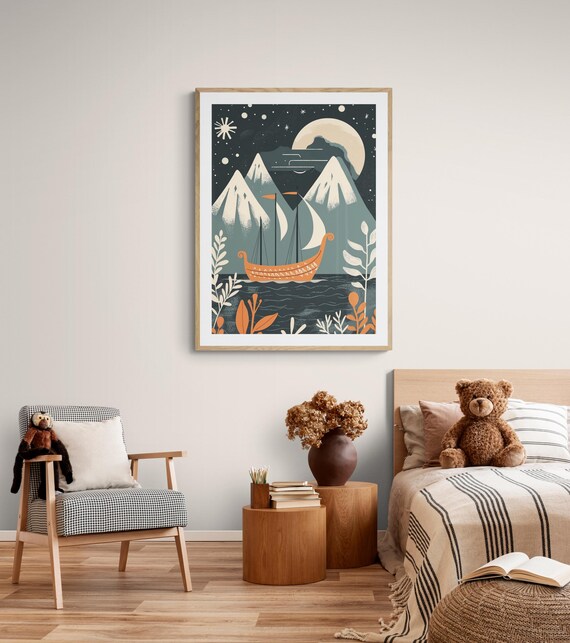Nordic Folk Art Print Scandinavian Viking Ship Illustration Whimsical Bright Colorful Wall Art Decor