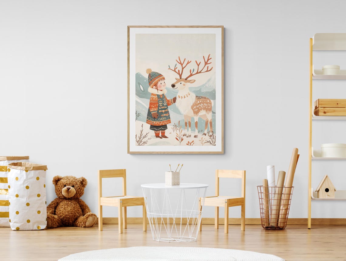 Sami Child And Reindeer Nordic Winter Snow Cultural Kids Wall Art - Image 2